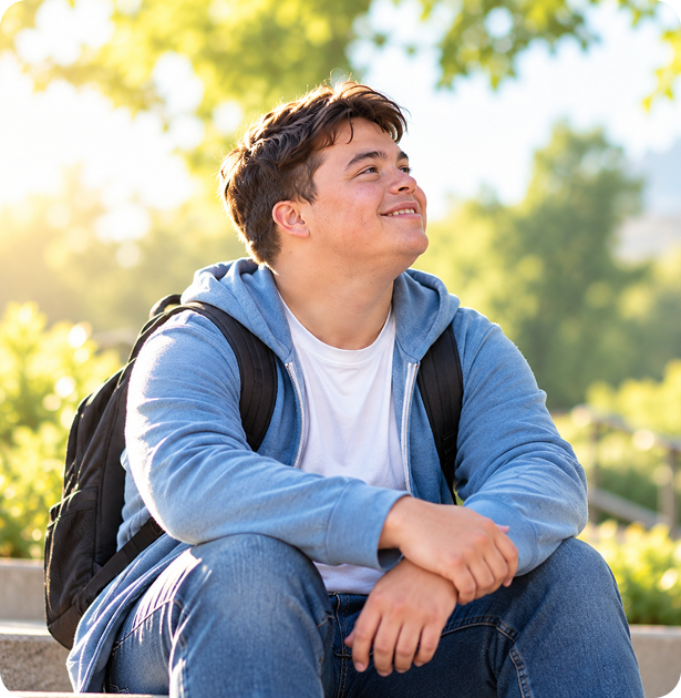 Young adult sitting outdoors and smiling
