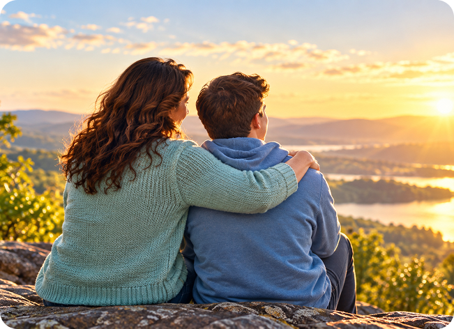 Parent and young adult watching the sunset together