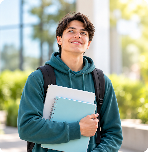 Young adult holding notebooks and smiling