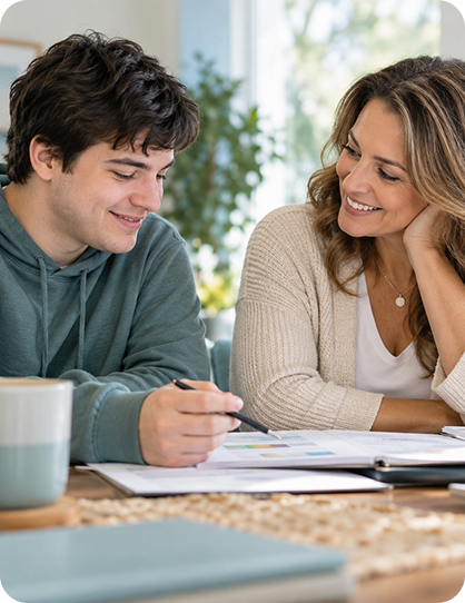 Young adult and parent reviewing paperwork together